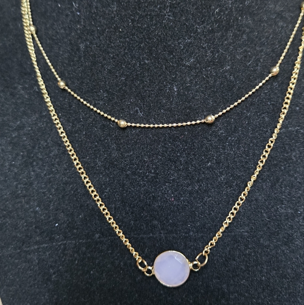 Rose Quartz Natural Beveled Pendant Gold Layered Necklace 8"/16" - Picture 2 of 6